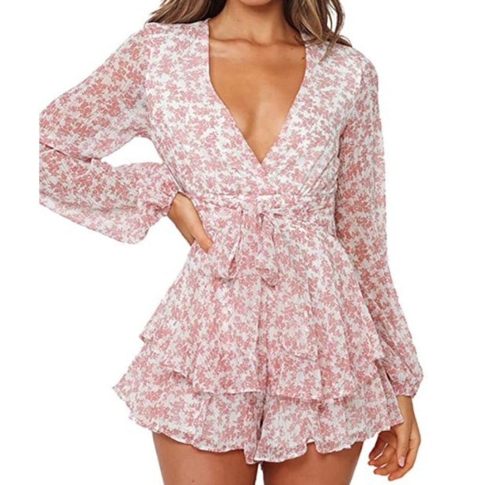 V-Neck Long Sleeve  Ruffle Hem Floral Romper